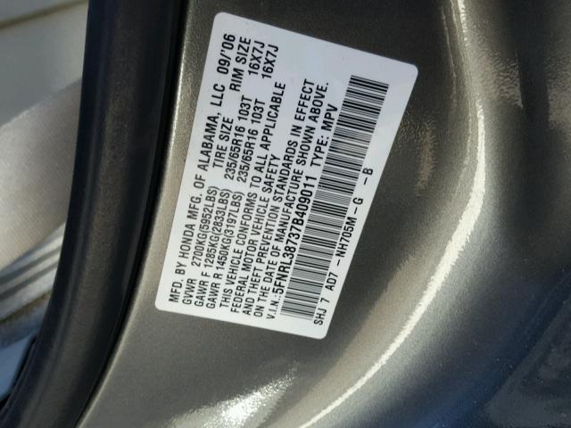 5FNRL38737B409011 - 2007 HONDA ODYSSEY EX CHARCOAL photo 10