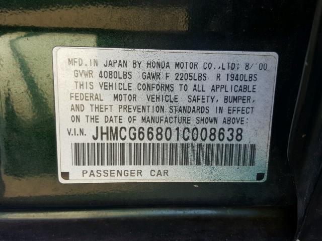 JHMCG66801C008638 - 2001 HONDA ACCORD EX GREEN photo 10