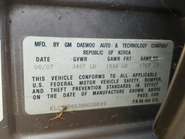 KL1TD56638B039649 - 2008 CHEVROLET AVEO BASE Сұр фото 10