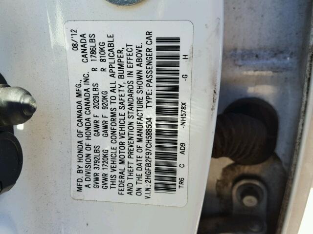 2HGFB2F97CH588504 - 2012 HONDA CIVIC EXL WHITE photo 10