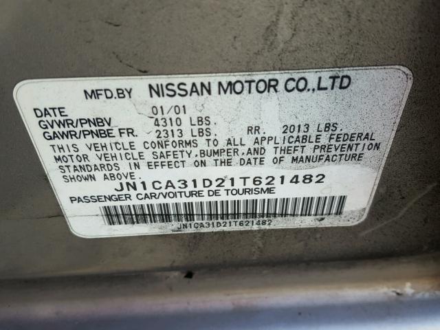 JN1CA31D21T621482 - 2001 NISSAN MAXIMA GXE GRAY photo 10