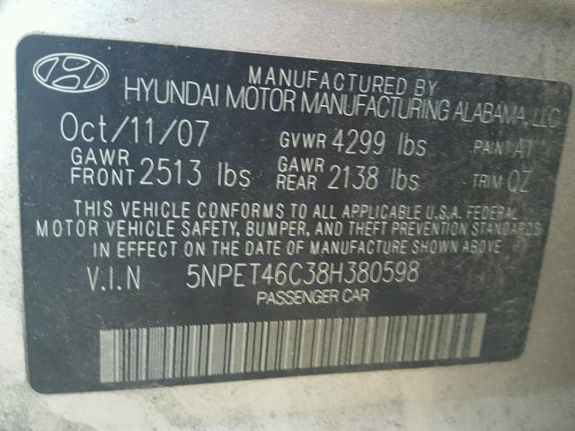 5NPET46C38H380598 - 2008 HYUNDAI SONATA GLS GOLD photo 10