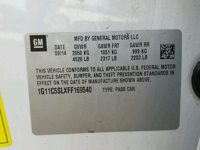 1G11C5SLXFF169540 - 2015 CHEVROLET MALIBU 1LT 白色 照片 10