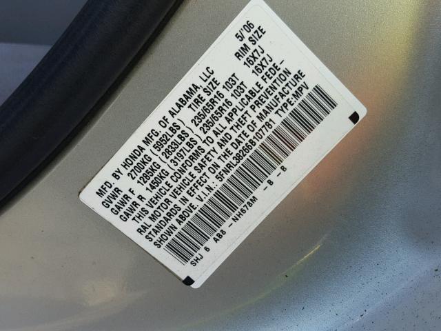 5FNRL38266B107781 - 2006 HONDA ODYSSEY LX SILVER photo 10