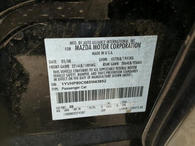 1YVHP80C685M43852 - 2008 MAZDA 6 I BLACK photo 10