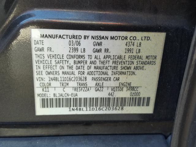 1N4BL11D16C203628 - 2006 NISSAN ALTIMA SE GRAY photo 10