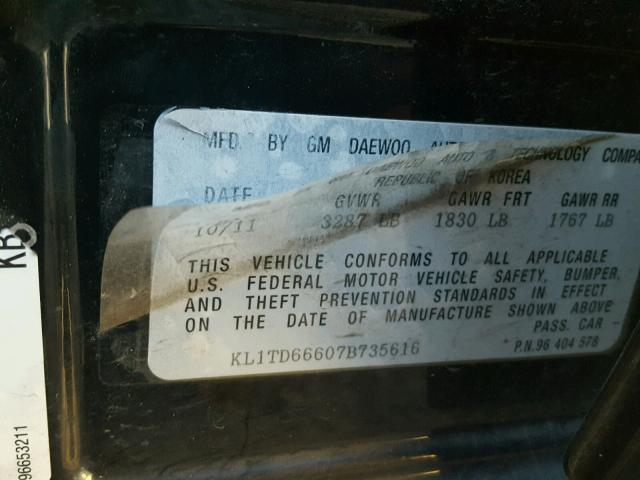 KL1TD66607B735616 - 2007 CHEVROLET AVEO BASE შავი ფოტო 10