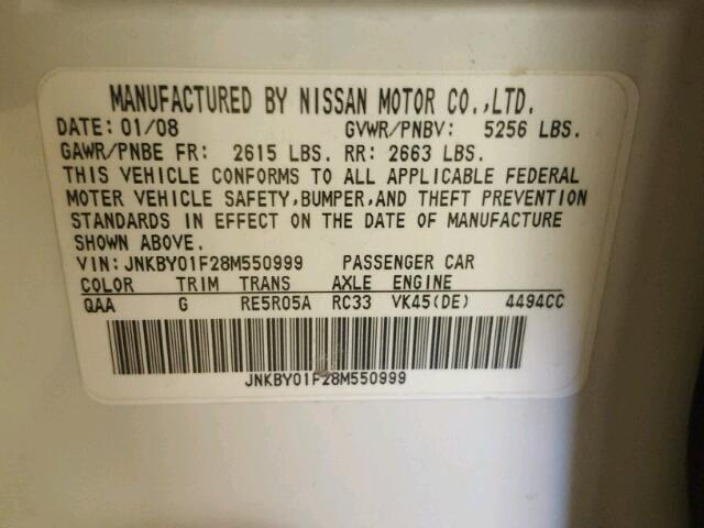 JNKBY01F28M550999 - 2008 INFINITI M45 WHITE photo 10