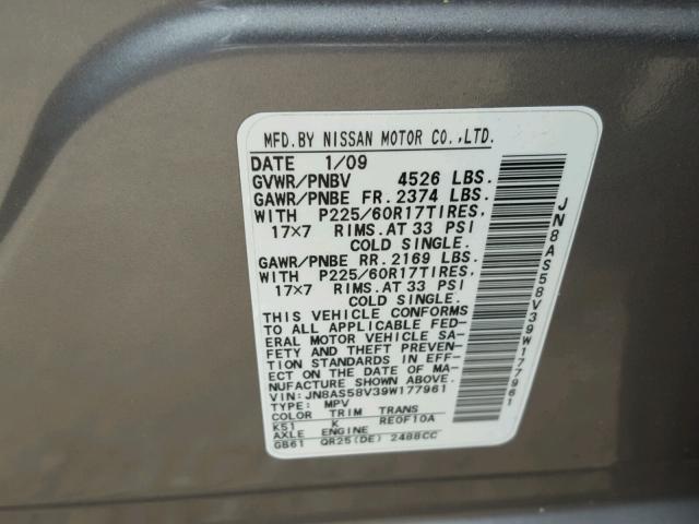 JN8AS58V39W177961 - 2009 NISSAN ROGUE S GRAY photo 10