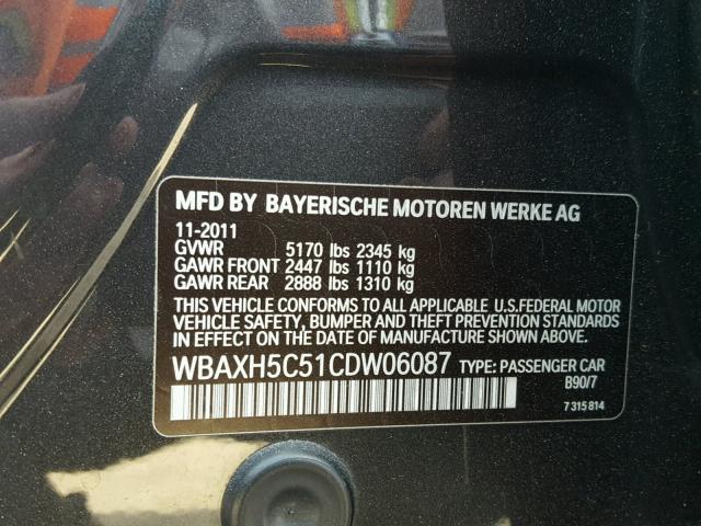 WBAXH5C51CDW06087 - 2012 BMW 528 XI BLACK photo 10