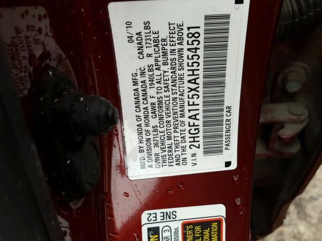 2HGFA1F5XAH554581 - 2010 HONDA CIVIC LX BURGUNDY photo 10