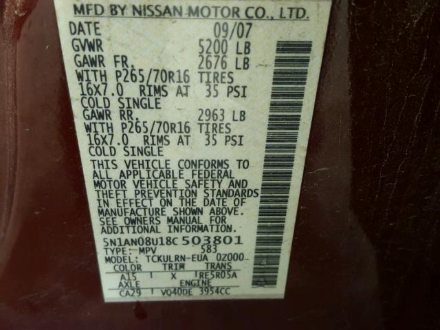 5N1AN08U18C503801 - 2008 NISSAN XTERRA OFF RED photo 10