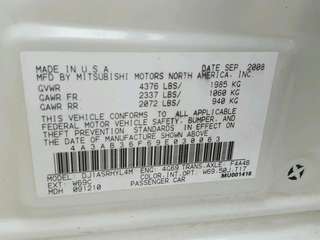 4A3AB36F69E030063 - 2009 MITSUBISHI GALANT ES CREAM photo 10