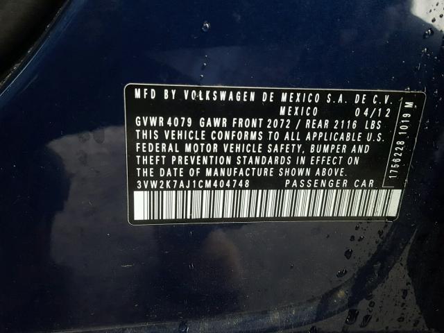 3VW2K7AJ1CM404748 - 2012 VOLKSWAGEN JETTA BASE BLUE photo 10
