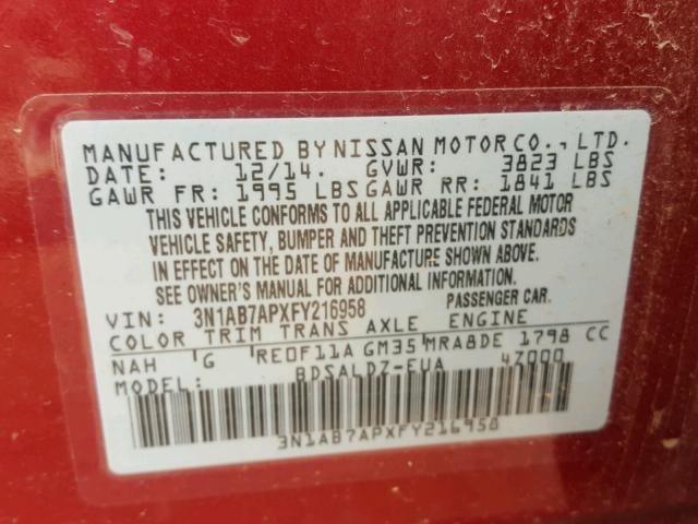 3N1AB7APXFY216958 - 2015 NISSAN SENTRA S RED photo 10