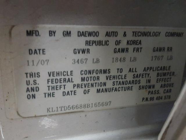 KL1TD56688B165697 - 2008 CHEVROLET AVEO BASE Gümüş foto 10