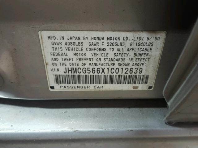 JHMCG566X1C012639 - 2001 HONDA ACCORD EX SILVER photo 10