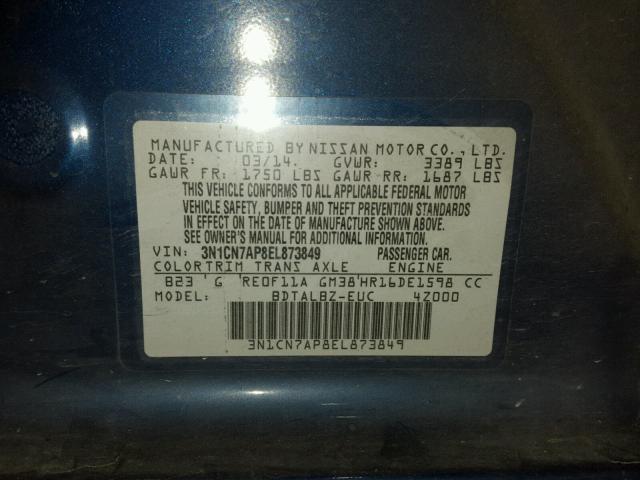 3N1CN7AP8EL873849 - 2014 NISSAN VERSA S BLUE photo 10