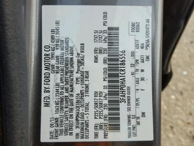 3FAHP0HA1CR186556 - 2012 FORD FUSION SE GRAY photo 10