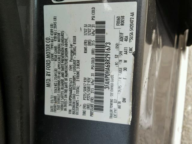 3FAHP0HA6BR291673 - 2011 FORD FUSION SE GRAY photo 10