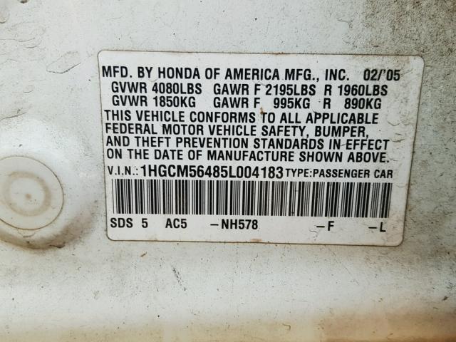 1HGCM56485L004183 - 2005 HONDA ACCORD LX WHITE photo 10