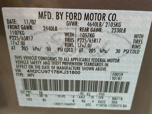 4M2CU97178KJ31800 - 2008 MERCURY MARINER PR GRAY photo 10