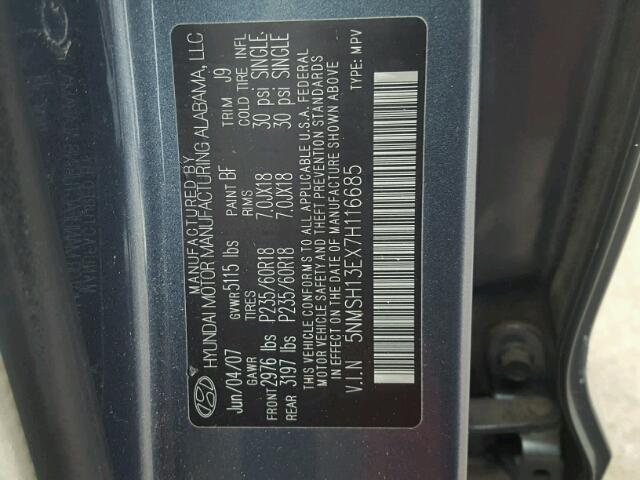 5NMSH13EX7H116685 - 2007 HYUNDAI SANTA FE S GRAY photo 10