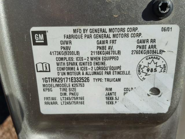 1GTHK29171E332526 - 2001 GMC SIERRA K25 GRAY photo 10