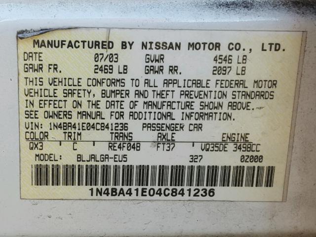 1N4BA41E04C841236 - 2004 NISSAN MAXIMA SE WHITE photo 10