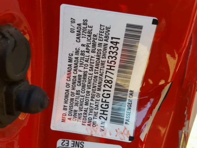 2HGFG12877H533341 - 2007 HONDA CIVIC EX RED photo 10