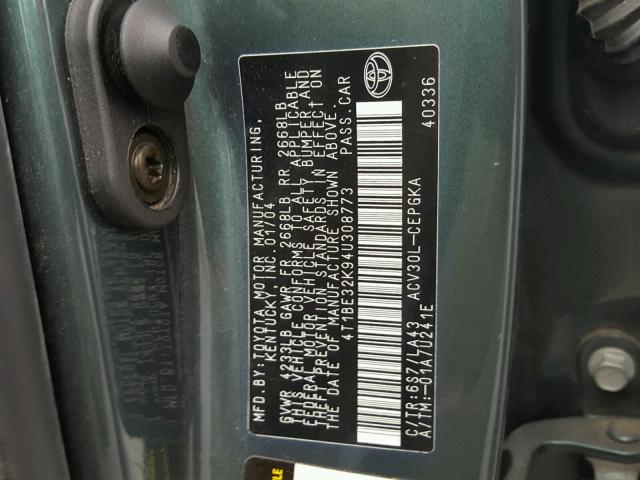 4T1BE32K94U308773 - 2004 TOYOTA CAMRY LE GREEN photo 10