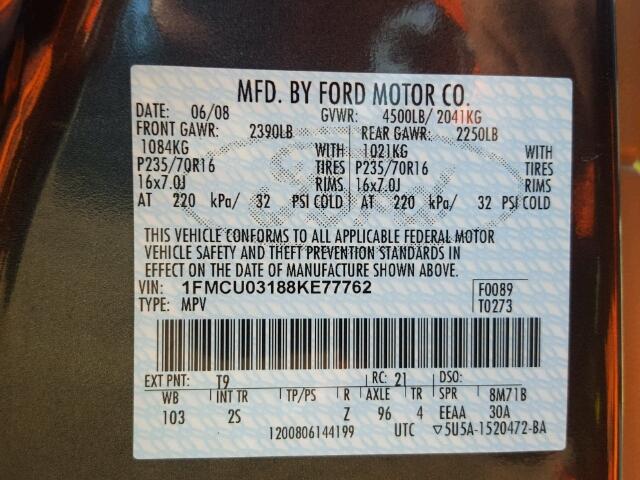 1FMCU03188KE77762 - 2008 FORD ESCAPE XLT GRAY photo 10