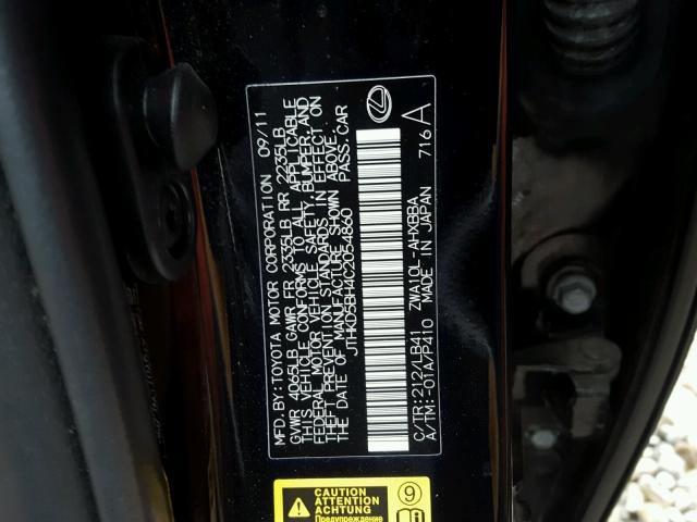 JTHKD5BH4C2054860 - 2012 LEXUS CT 200 BLACK photo 10