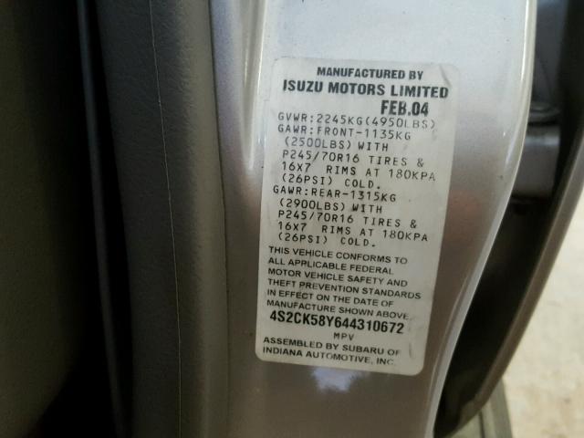 4S2CK58Y644310672 - 2004 ISUZU RODEO S SILVER photo 10