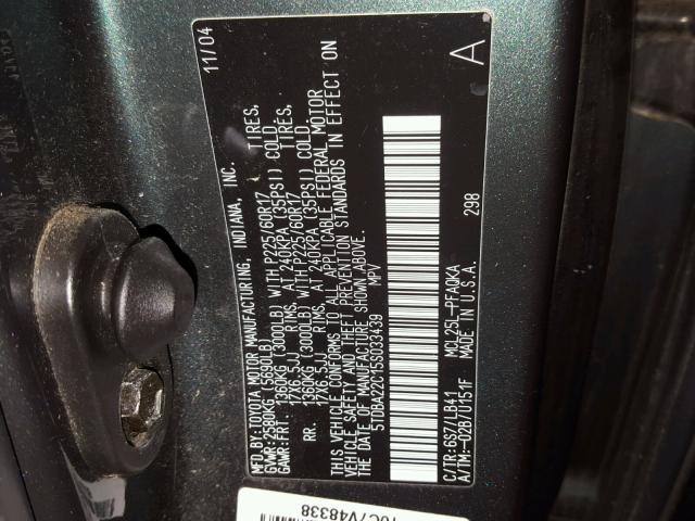 5TDBA22C15S033439 - 2005 TOYOTA SIENNA XLE GREEN photo 10