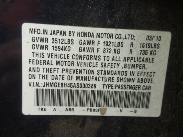 JHMGE8H45AS000389 - 2010 HONDA FIT SPORT BLUE photo 10