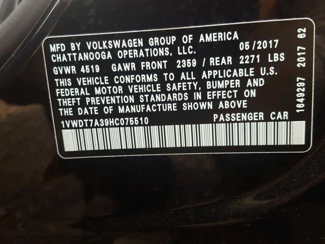1VWDT7A39HC075510 - 2017 VOLKSWAGEN PASSAT R-L BLACK photo 10