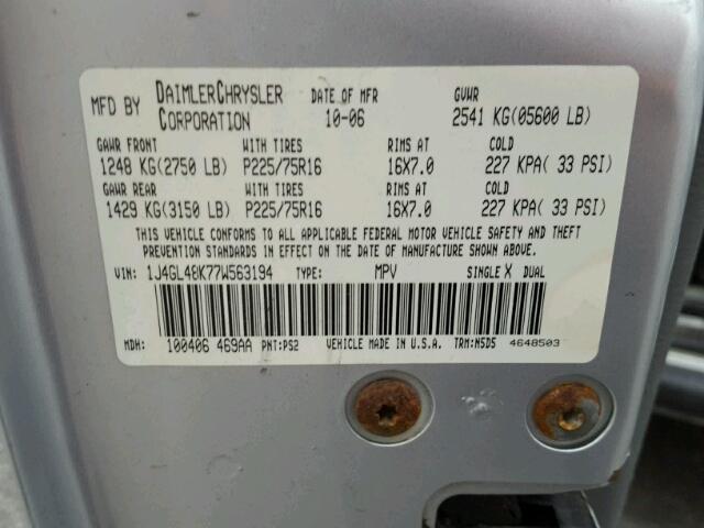 1J4GL48K77W563194 - 2007 JEEP LIBERTY SP SILVER photo 10