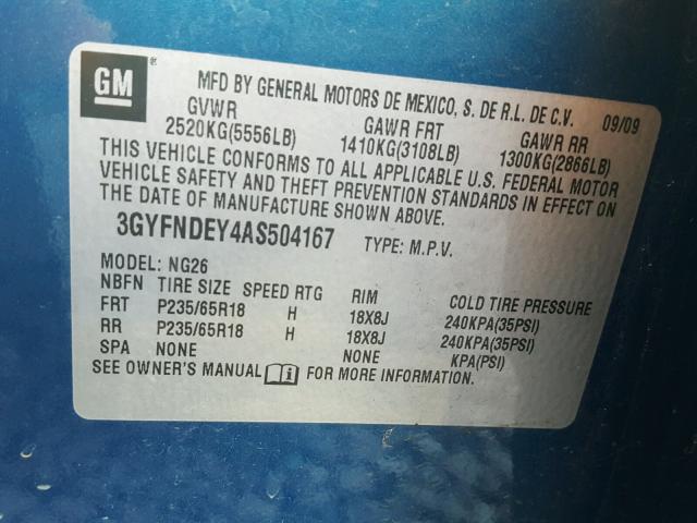 3GYFNDEY4AS504167 - 2010 CADILLAC SRX LUXURY BLUE photo 10