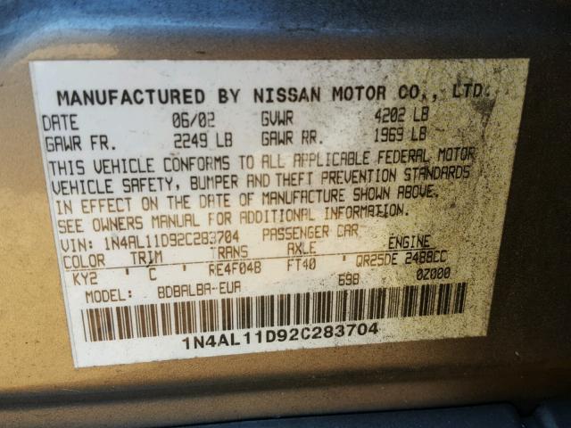 1N4AL11D92C283704 - 2002 NISSAN ALTIMA BAS GRAY photo 10