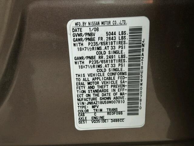 JN8AZ18U59W007810 - 2009 NISSAN MURANO S BROWN photo 10