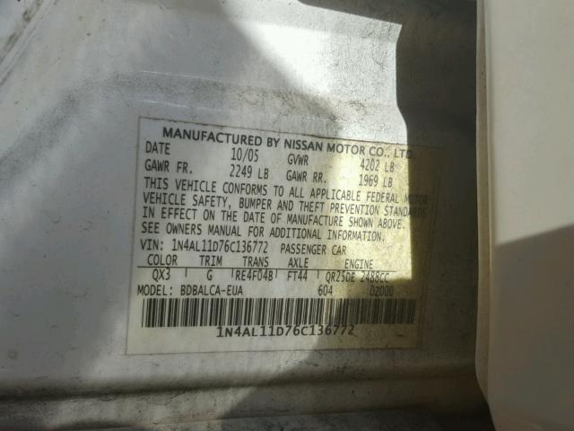 1N4AL11D76C136772 - 2006 NISSAN ALTIMA S WHITE photo 10