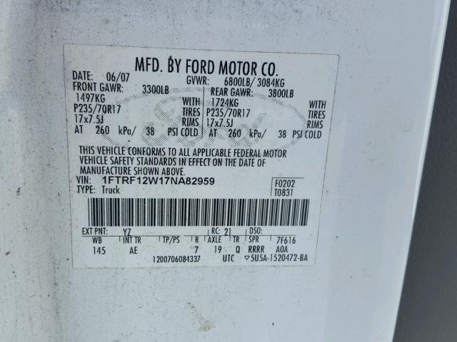 1FTRF12W17NA82959 - 2007 FORD F150 WHITE photo 10