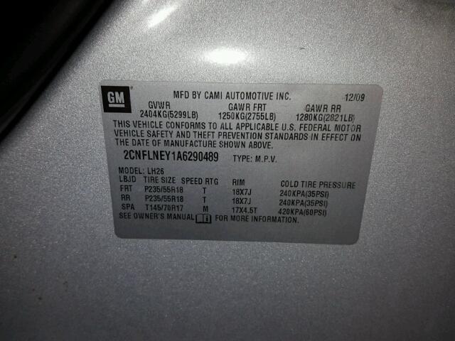 2CNFLNEY1A6290489 - 2010 CHEVROLET EQUINOX LT SILVER photo 10