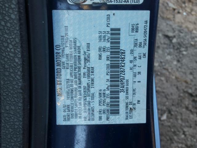 3FAHP07Z87R248287 - 2007 FORD FUSION SE BLUE photo 10