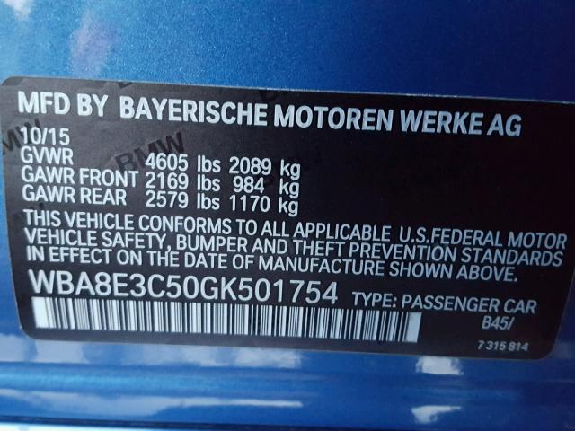 WBA8E3C50GK501754 - 2016 BMW 328 XI SUL BLUE photo 10