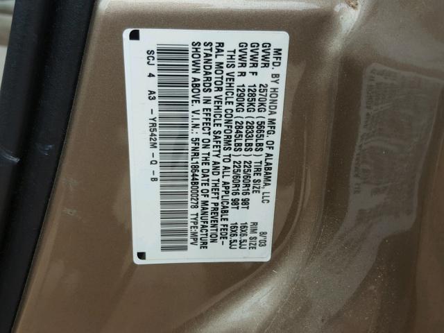 5FNRL18644B000278 - 2004 HONDA ODYSSEY EX GOLD photo 10