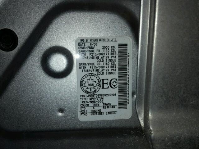 JN8BT08V86W209206 - 2006 NISSAN X-TRAIL XE SILVER photo 10