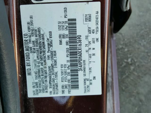 3FAHP0HA0CR163690 - 2012 FORD FUSION SE MAROON photo 10