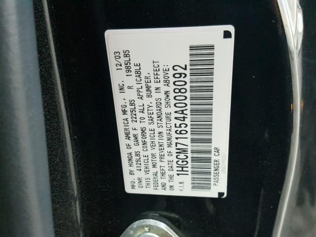 1HGCM71654A008092 - 2004 HONDA ACCORD EX BLACK photo 10